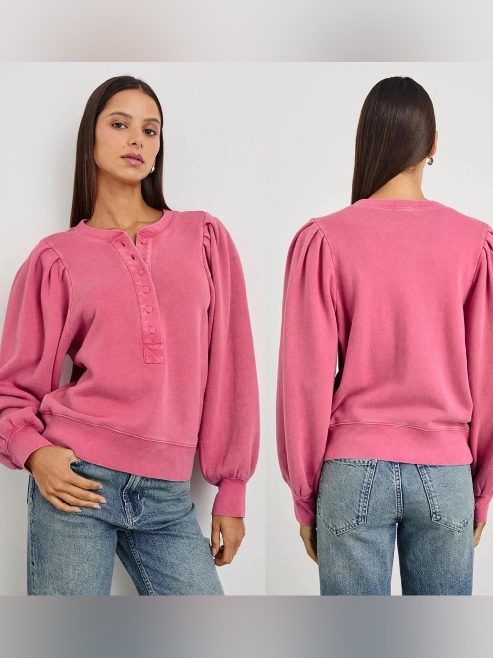 Rails $168 Mariana Balloon Sleeve French Terry Henley Sweatshirt Hibiscus Pink L